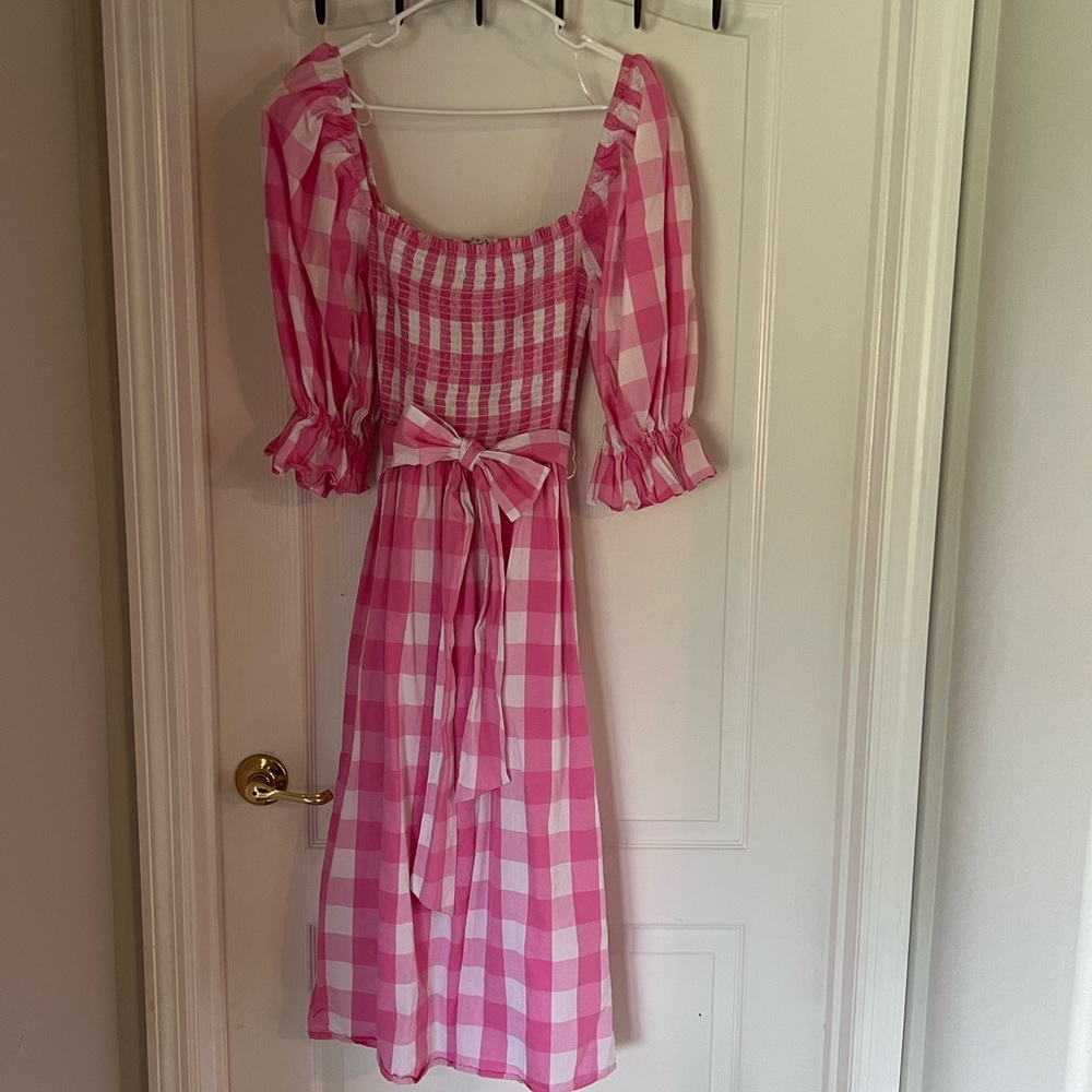 Pink and white checked Smocked MIDI Dress